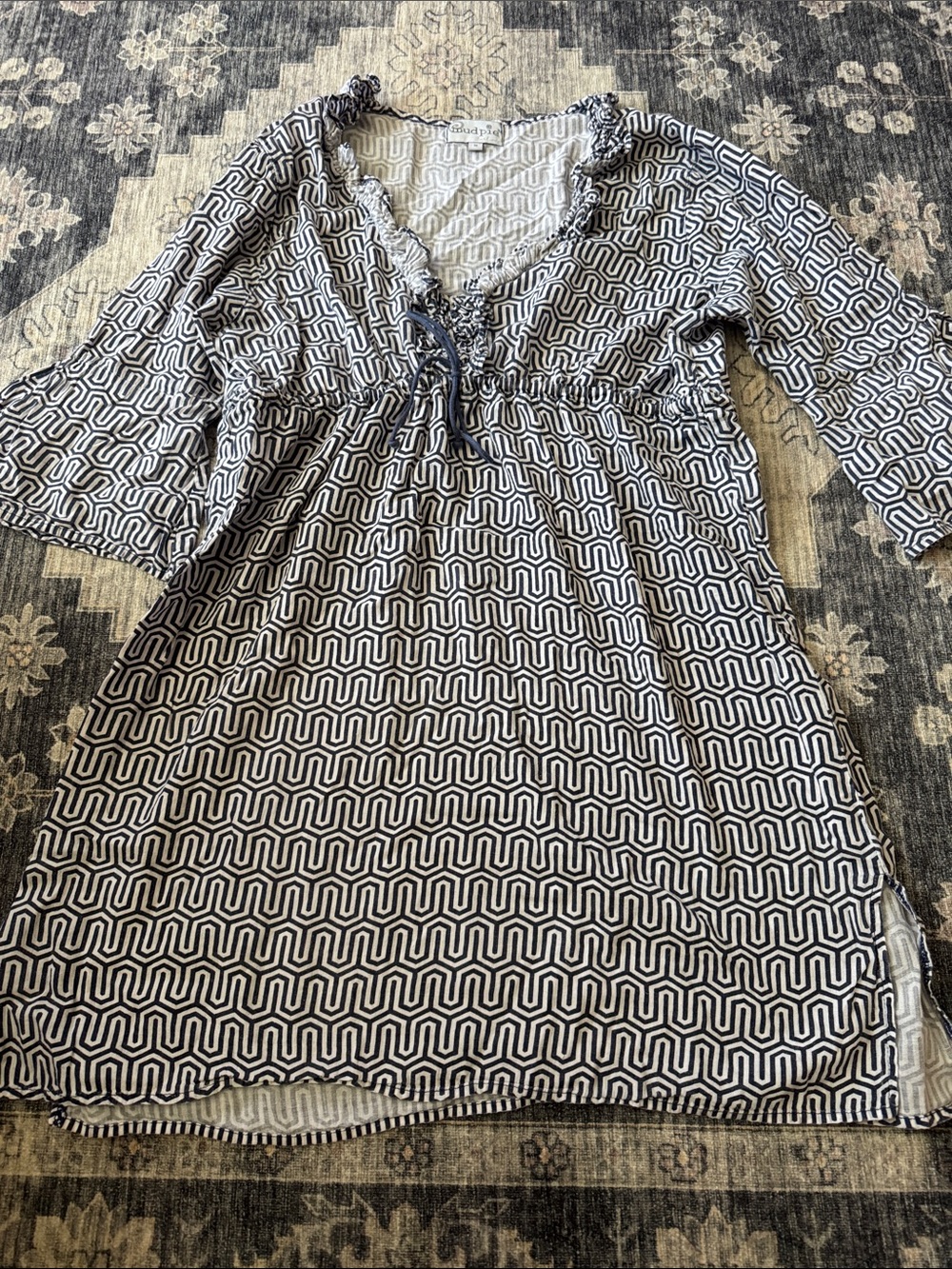 Mud Pie Navy & White Geometric Tie-Front Empire Dress